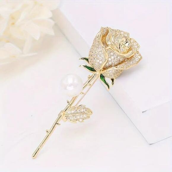 Brooch Rhinestone Gold-Tone Rose with Green Leaves Luxury - Picture 4 of 8